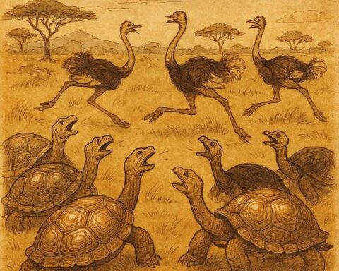 Parchment-style illustration of tortoises in rows trapping ostriches, Khoikhoi folktale from Southern Africa.