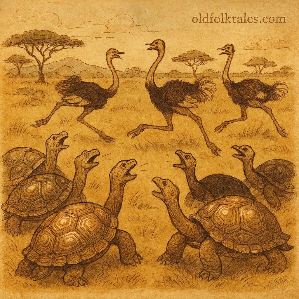 Parchment-style illustration of tortoises in rows trapping ostriches, Khoikhoi folktale from Southern Africa.
