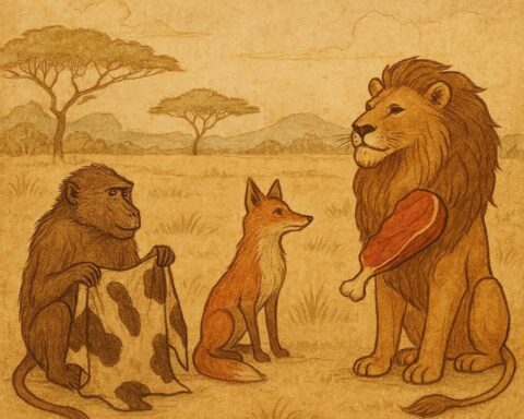 Parchment-style illustration of Baboon judging Fox and Lion with a cowhide, African folktale scene.