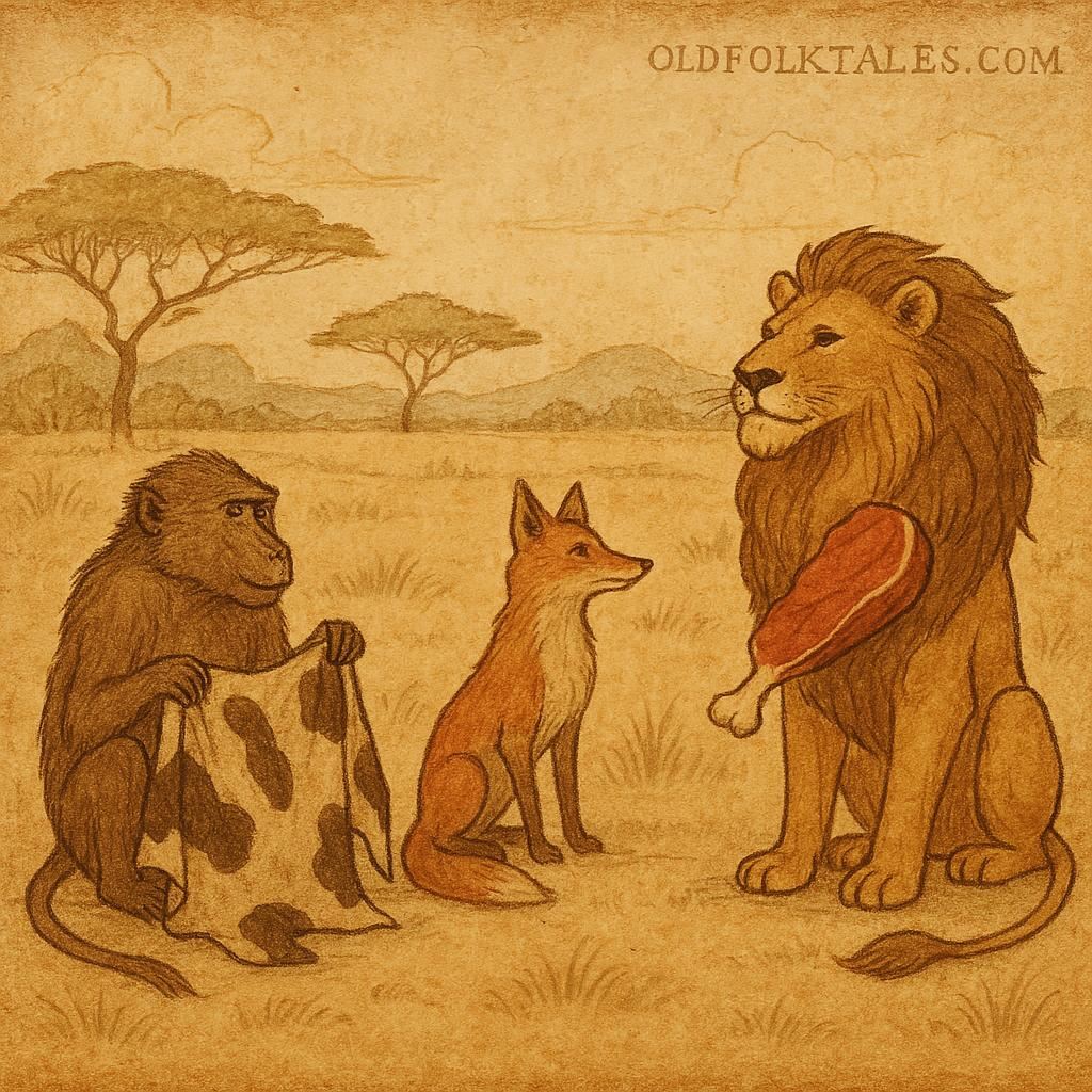 Parchment-style illustration of Baboon judging Fox and Lion with a cowhide, African folktale scene.