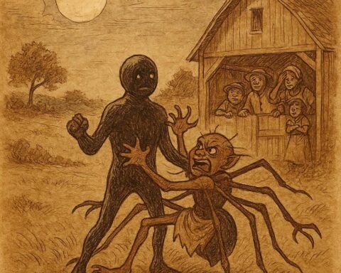 Parchment-style illustration of Anansi stuck to a rubber-man in an Ashanti folktale from Ghana.