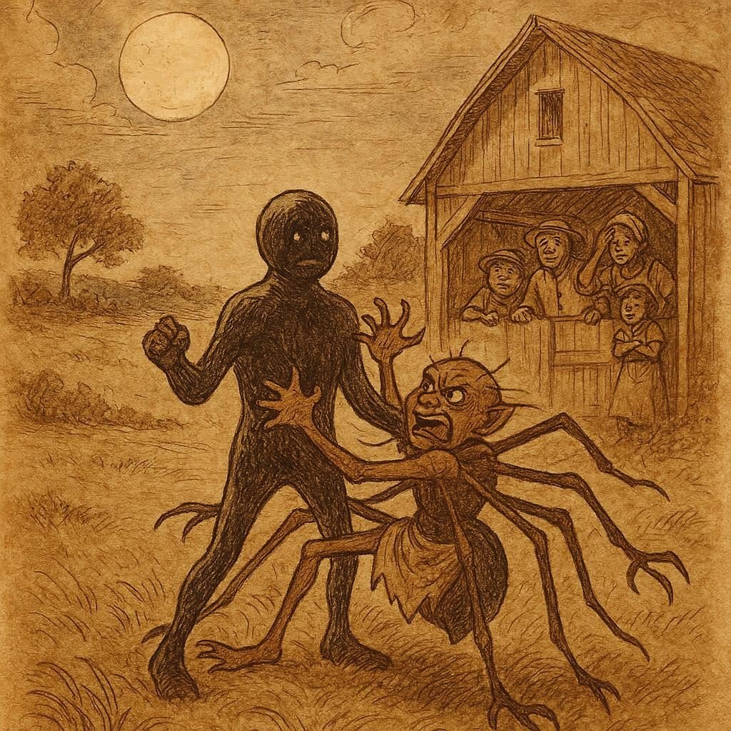 Parchment-style illustration of Anansi stuck to a rubber-man in an Ashanti folktale from Ghana.