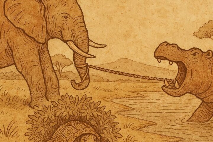 Parchment-style illustration of tortoise tricking elephant and hippopotamus with a rope, West African folktale.