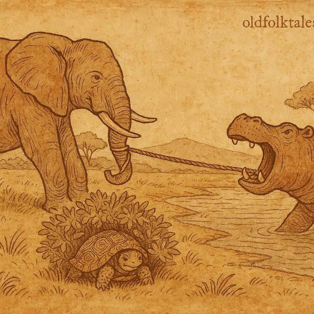 Parchment-style illustration of tortoise tricking elephant and hippopotamus with a rope, West African folktale.