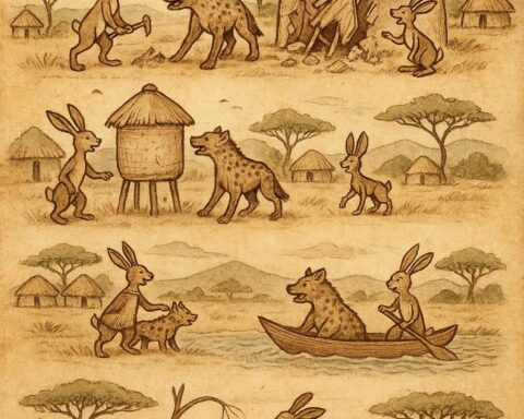 Parchment-style illustration of the hare outsmarting the greedy hyena in six Senegalese animal folktales about greed and carelessness