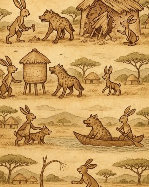 Parchment-style illustration of the hare outsmarting the greedy hyena in six Senegalese animal folktales about greed and carelessness