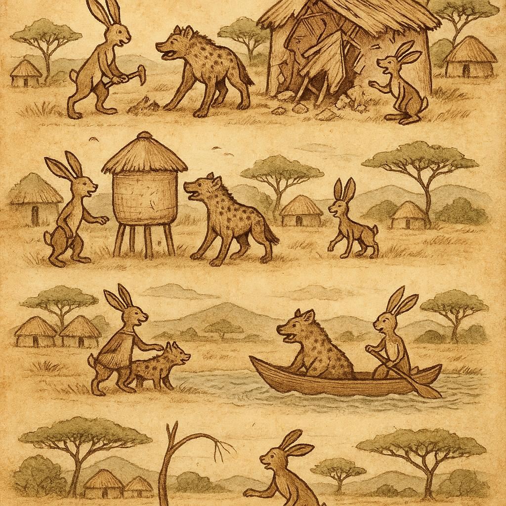 Parchment-style illustration of the hare outsmarting the greedy hyena in six Senegalese animal folktales about greed and carelessness