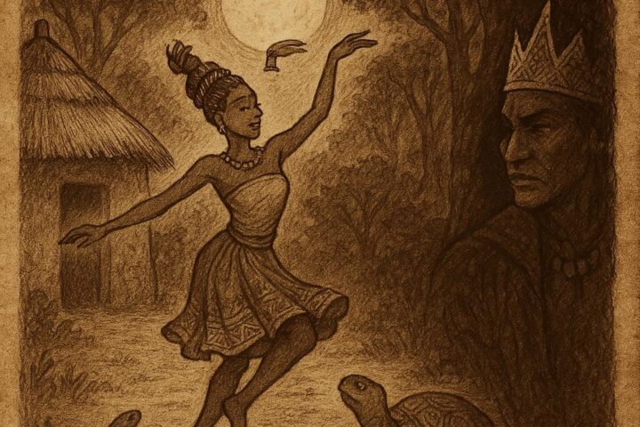 Adet dances in the moonlight while Tortoise watches and Prince Ekpenyon spies, Nigerian folktale scene.