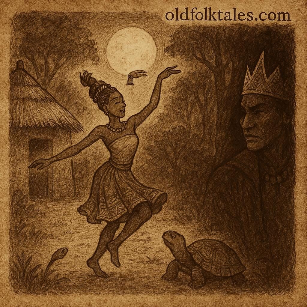 Adet dances in the moonlight while Tortoise watches and Prince Ekpenyon spies, Nigerian folktale scene.