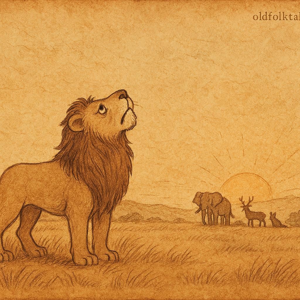 Parchment-style illustration of lion looking at the sky without wings, animals watching, African folktale origin.