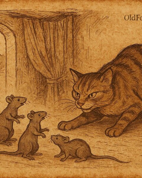 Parchment-style illustration of Efiong the cat deceiving and attacking rats, Nigerian folktale showing origins of their enmity.