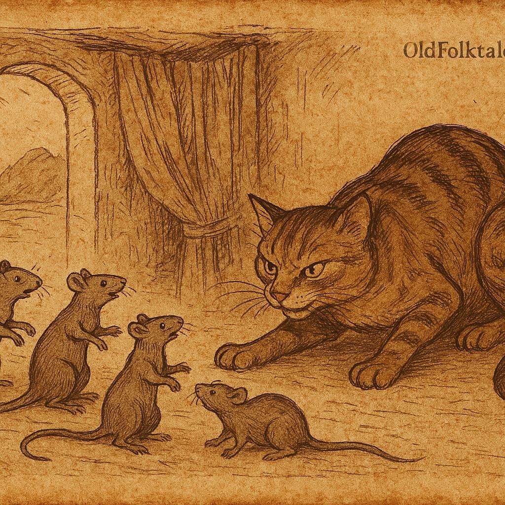 Parchment-style illustration of Efiong the cat deceiving and attacking rats, Nigerian folktale showing origins of their enmity.