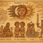 Parchment-style illustration of Mawu-Lisa dividing realms among children, Dahomey folktale origin.