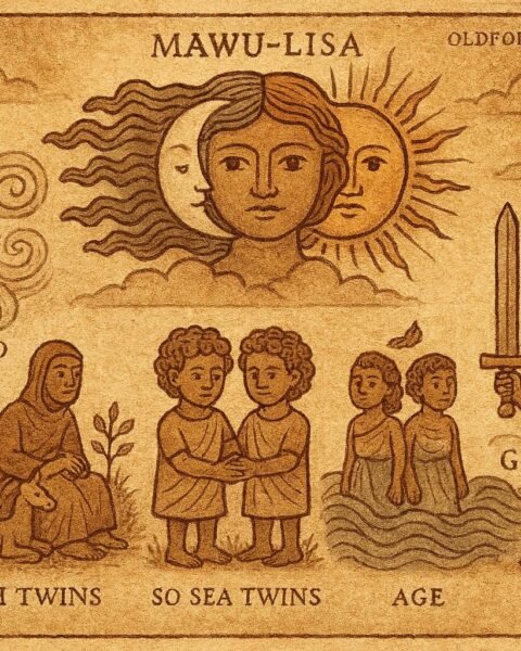 Parchment-style illustration of Mawu-Lisa dividing realms among children, Dahomey folktale origin.