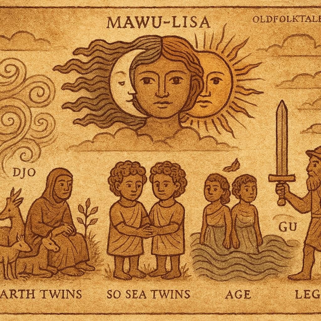 Parchment-style illustration of Mawu-Lisa dividing realms among children, Dahomey folktale origin.