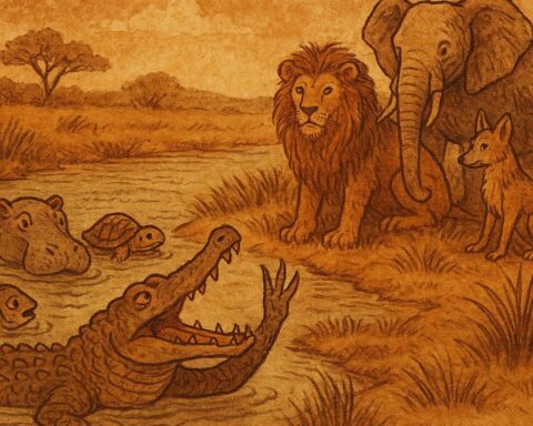Parchment-style West African folktale illustration showing Crocodile plotting treachery while Lion, Jackal, and Elephant observe near the riverbank.