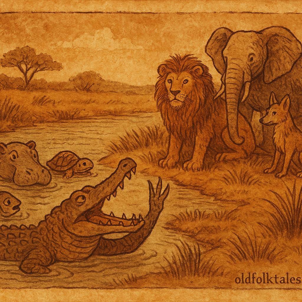 Parchment-style West African folktale illustration showing Crocodile plotting treachery while Lion, Jackal, and Elephant observe near the riverbank.