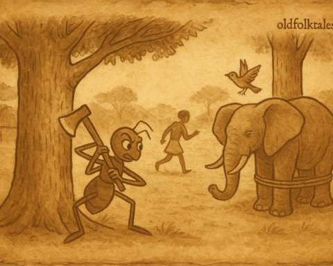 a spider with a wooden axe hiding a steel axe, an elephant tied to a tree, and a wren flying away in a West African village scene