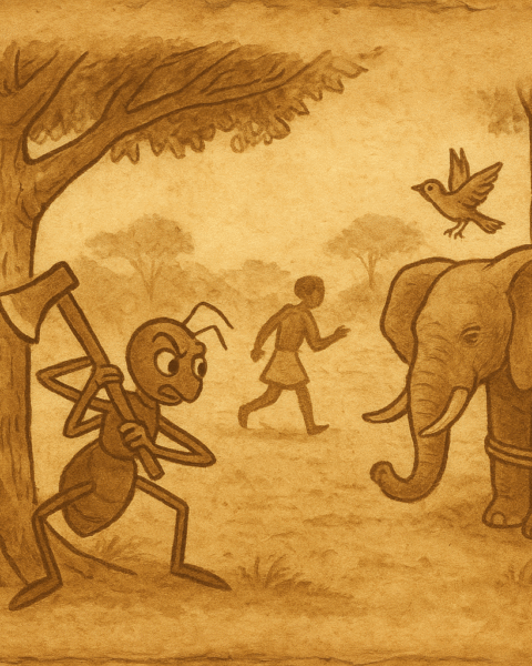 a spider with a wooden axe hiding a steel axe, an elephant tied to a tree, and a wren flying away in a West African village scene