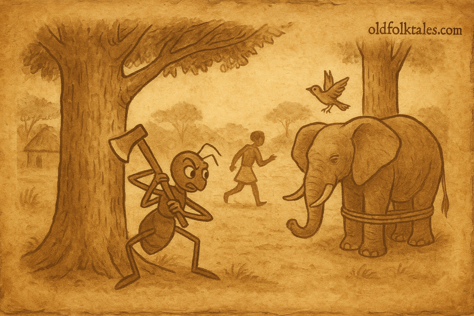 a spider with a wooden axe hiding a steel axe, an elephant tied to a tree, and a wren flying away in a West African village scene