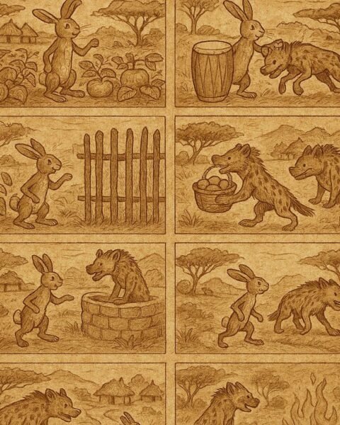 Parchment-style illustration of the hare outsmarting the hyena in seven Senegalese folktales about greed and carelessness.