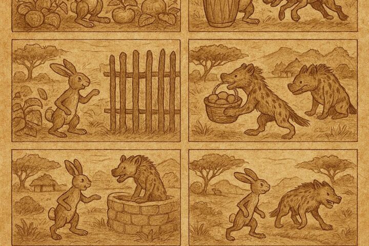 Parchment-style illustration of the hare outsmarting the hyena in seven Senegalese folktales about greed and carelessness.