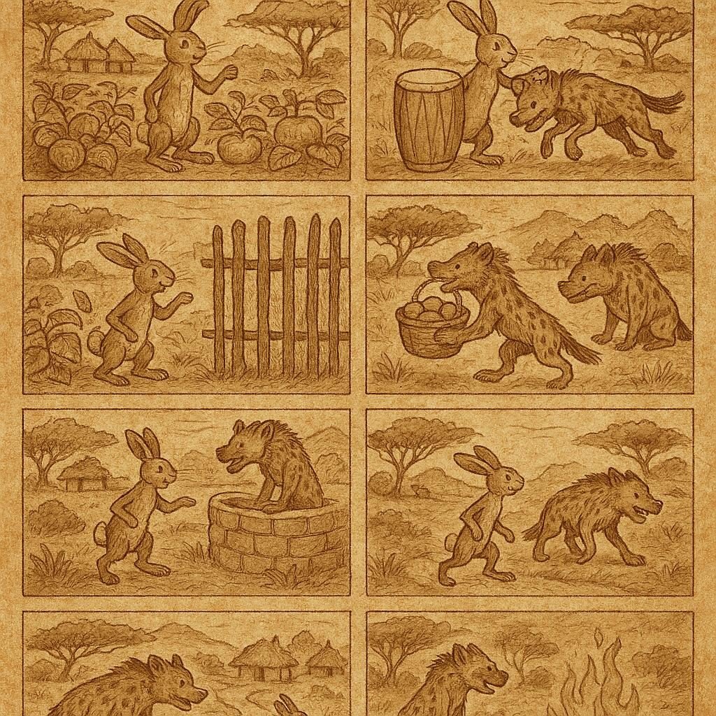 Parchment-style illustration of the hare outsmarting the hyena in seven Senegalese folktales about greed and carelessness.