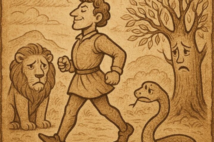 a proud man walking away while a lion, a snake, and a tree watch him with sadness in a traditional West African village scene – Wolof folktale