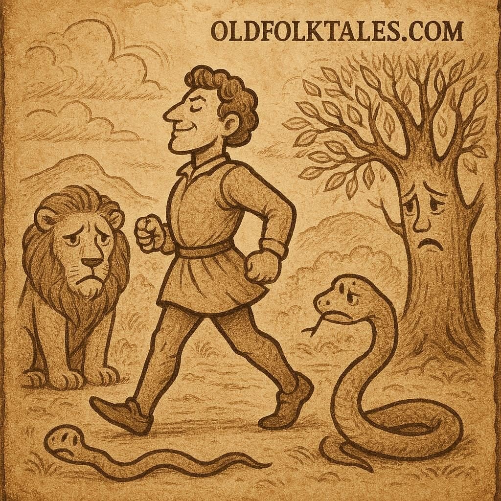 a proud man walking away while a lion, a snake, and a tree watch him with sadness in a traditional West African village scene – Wolof folktale