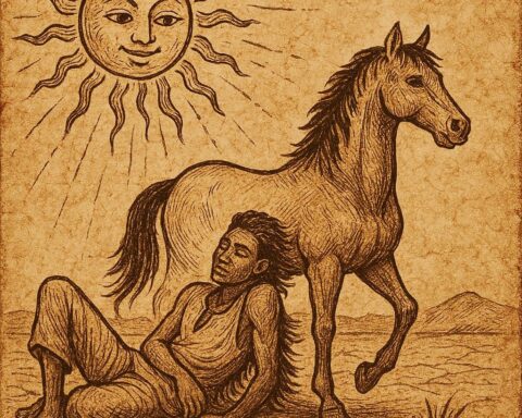 A man resting lazily under the hot sun transforming into a horse while the Sun watches above – Nigerian folktale