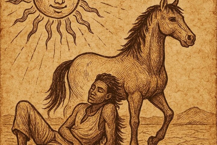 A man resting lazily under the hot sun transforming into a horse while the Sun watches above – Nigerian folktale
