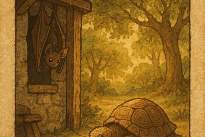 Bat hiding while tortoise eats in village house – West African folktale