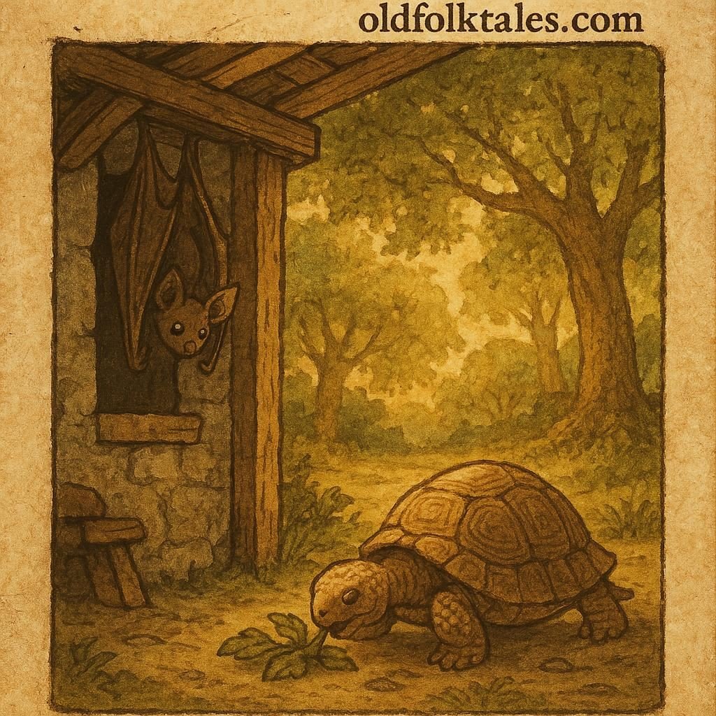 Bat hiding while tortoise eats in village house – West African folktale