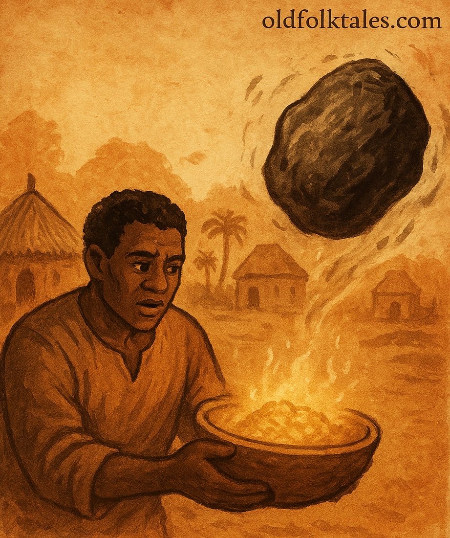 Samba holding a magical wooden bowl beside the powerful iron Bolde – Wolof Folktale
