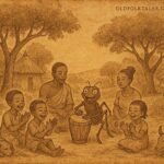 Parchment-style illustration of Anansi beating the drum as beasts and serpents emerge, Ashanti folktale from Ghana.