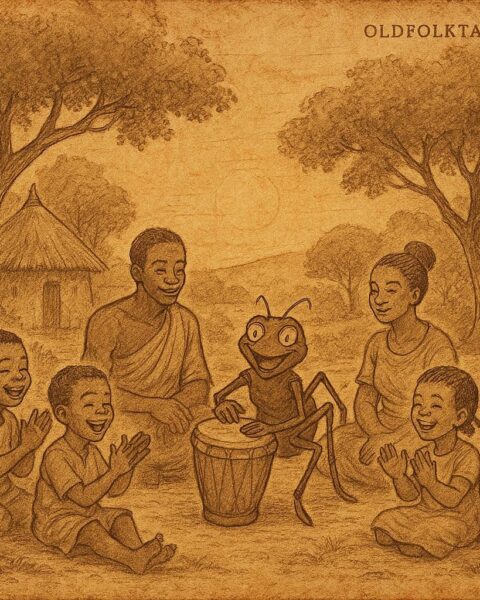 Parchment-style illustration of Anansi beating the drum as beasts and serpents emerge, Ashanti folktale from Ghana.