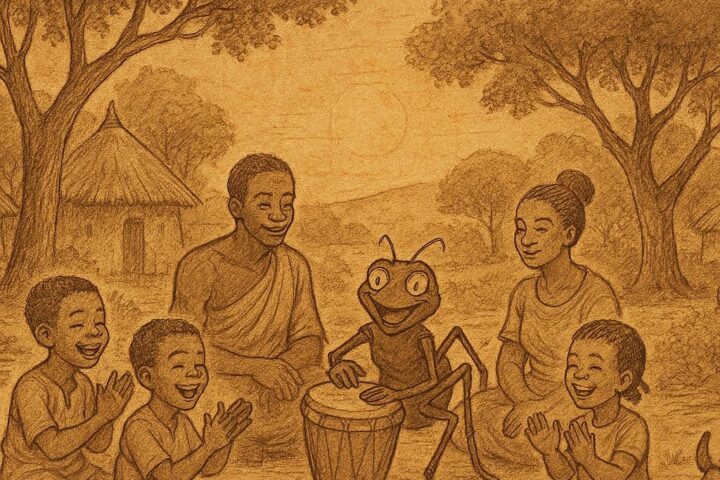 Parchment-style illustration of Anansi beating the drum as beasts and serpents emerge, Ashanti folktale from Ghana.