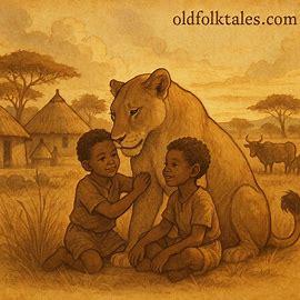 Parchment-style art of the lioness caring for the brothers Deng in an African folktale, symbolizing love and unity.