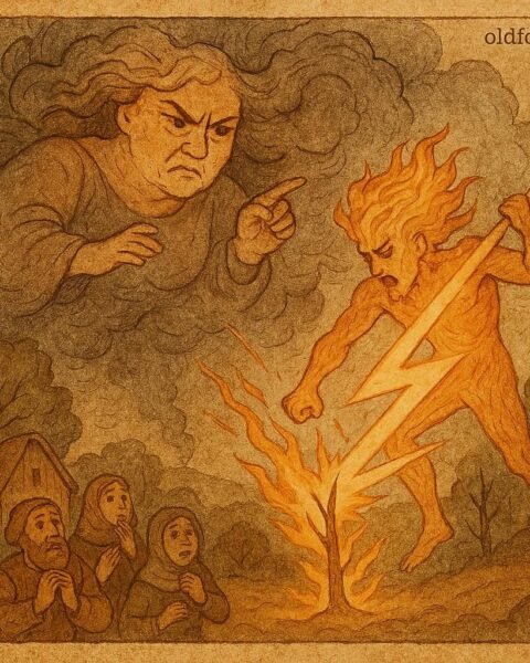 Parchment-style illustration of lightning and thunder in the sky, African folktale scene with storm clouds and fire.