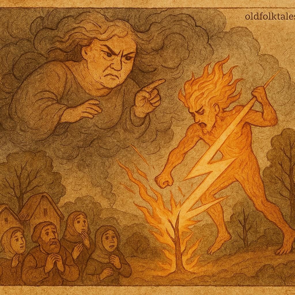 Parchment-style illustration of lightning and thunder in the sky, African folktale scene with storm clouds and fire.