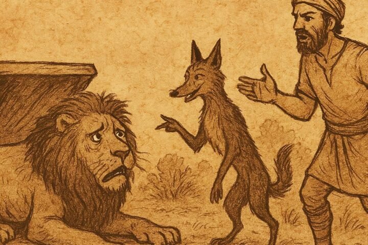 Parchment-style illustration of sly Jackal tricking angry Lion near cave, African folktale about wit over strength.