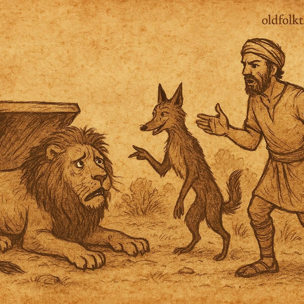 The Lion and the Jackal – OldFolktales.com | FolktalesAfrica.com Parchment-style illustration of sly Jackal tricking angry Lion near cave, African folktale about wit over strength.