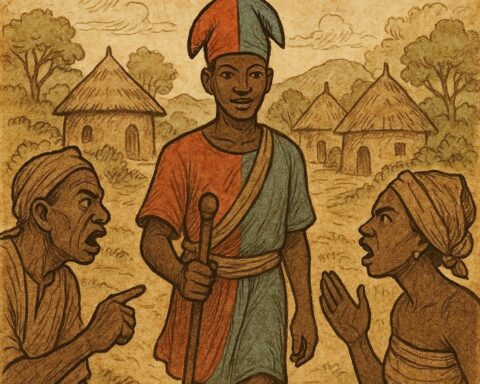 Eshu wearing a two colored hat walks between villagers arguing in a Yoruba village setting – Yoruba folktales