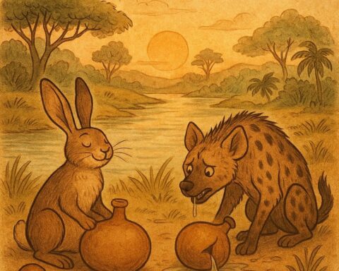 Hare and hyena by river with calabashes – Wolof folktale