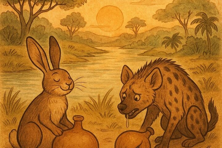 Hare and hyena by river with calabashes – Wolof folktale