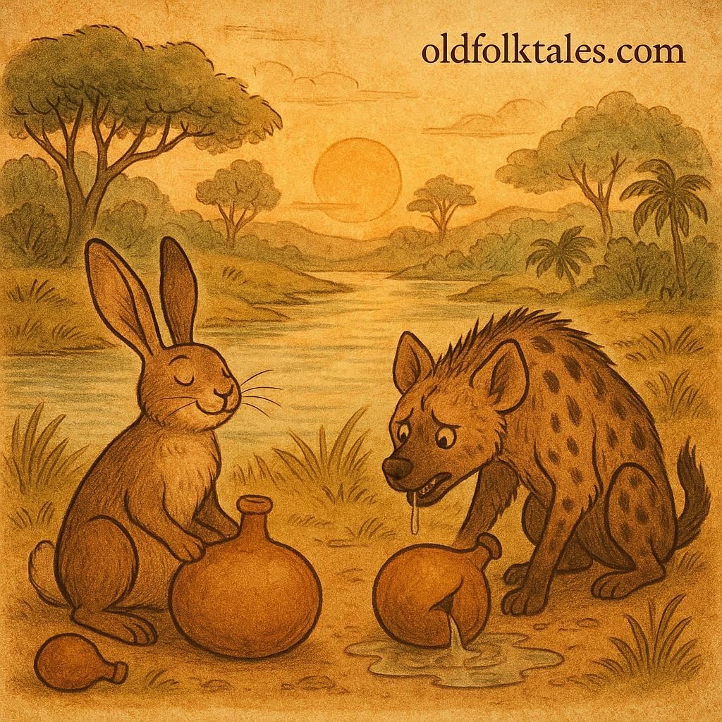 Hare and hyena by river with calabashes – Wolof folktale