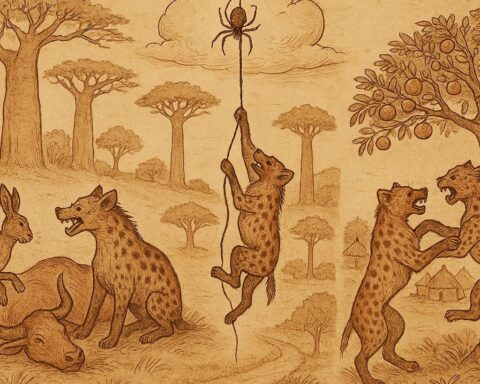 Parchment-style illustration of hare, hyena, spider, and leopard in Senegalese folktale scenes, showing trickery, greed, and divine lessons.
