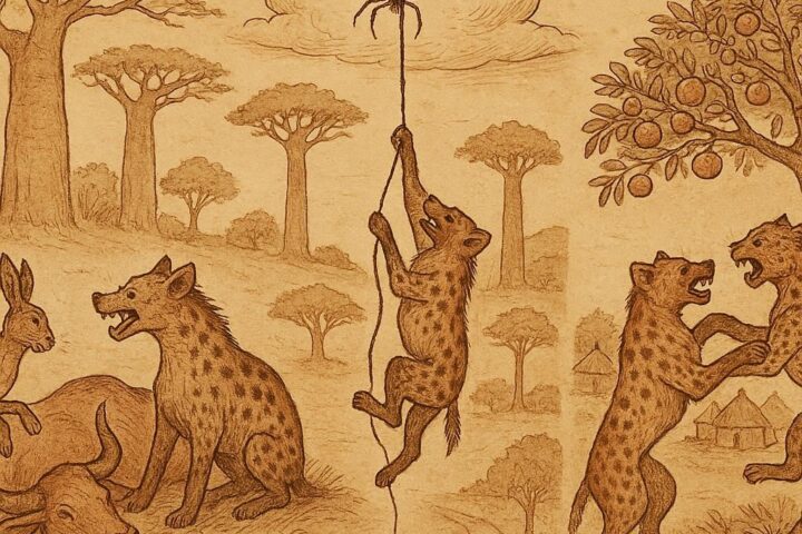 Parchment-style illustration of hare, hyena, spider, and leopard in Senegalese folktale scenes, showing trickery, greed, and divine lessons.