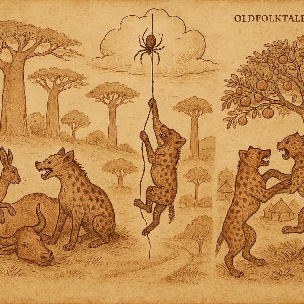 Parchment-style illustration of hare, hyena, spider, and leopard in Senegalese folktale scenes, showing trickery, greed, and divine lessons.