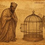 Parchment-style illustration of Efik king mourning the slain ’nsiat bird, earthy tones, African folktale scene.